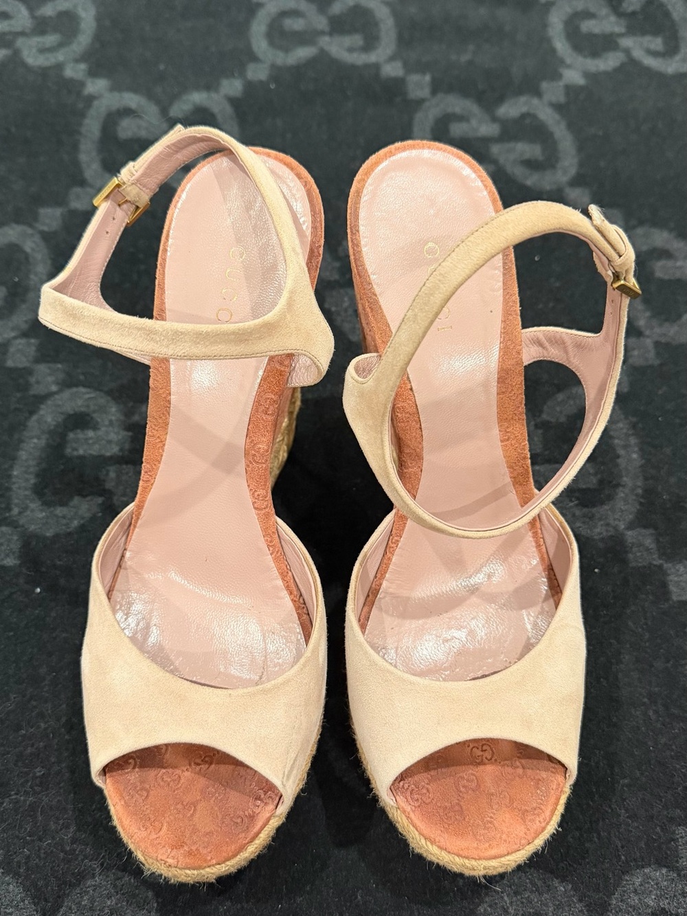 Gucci Beige Suede Espadrille Wedge Sandals with Ankle Strap